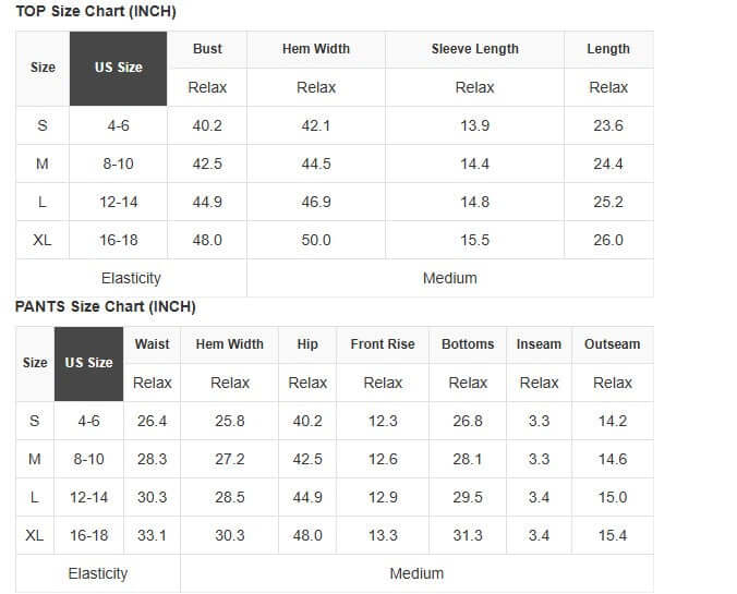 Size chart for women's tops and pants including measurements for bust, waist, and length.