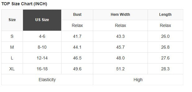 Size chart for Happiness Blooms Top in US sizes S-XL with bust, hem width, and length measurements.