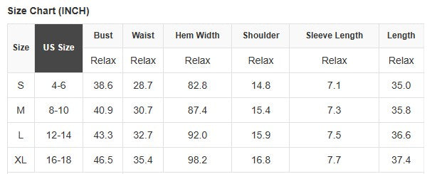Size chart for Blue Crush Dress showing US sizes and measurements in inches for bust, waist, and length.