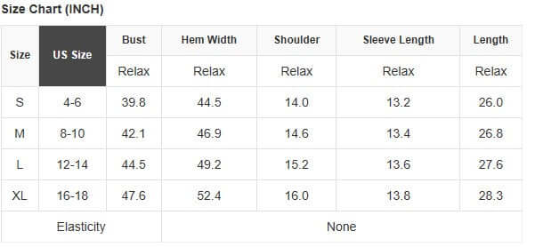 Size chart for Paradise Petals Top displaying US sizes S to XL with measurements for bust, hem width, shoulder, sleeve length, and total length.