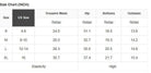 Size chart for SeaGlass Serve Skort showing US sizes and measurements in inches.