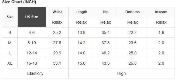 Size chart for Eclipse Edge Skort showing measurements for S, M, L, XL in inches.