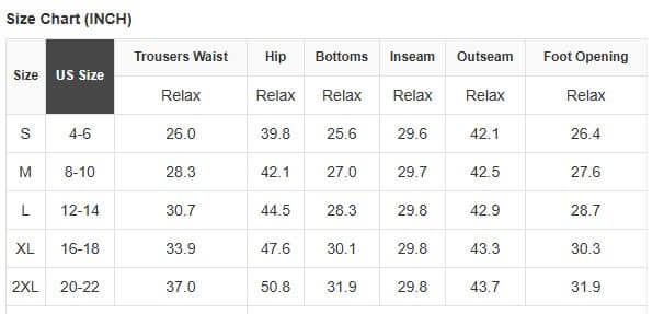 Size chart for CITY SWAY WIDE LEG PANTS, showing US sizes and corresponding measurements in inches.