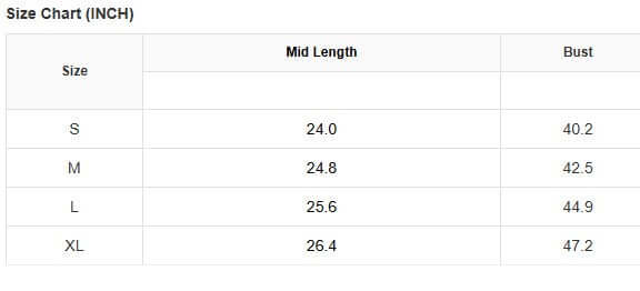 Size chart for Crisscross Charisma Top showing measurements for S, M, L, and XL in inches.