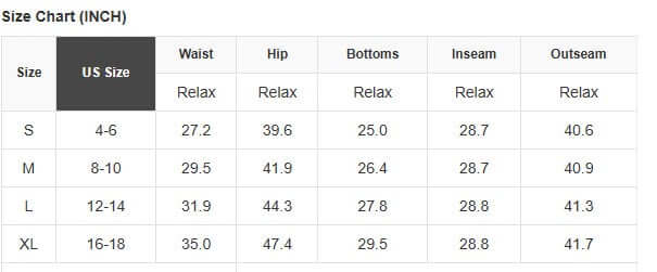 Size chart for Boho Glam Wide Leg Pants, showing waist, hip, bottoms, inseam, and outseam measurements.