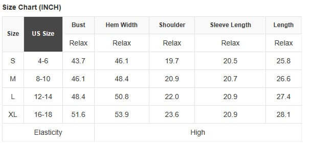 Size chart for Enchanted Moonlight Top showing measurements in inches for S, M, L, and XL sizes.