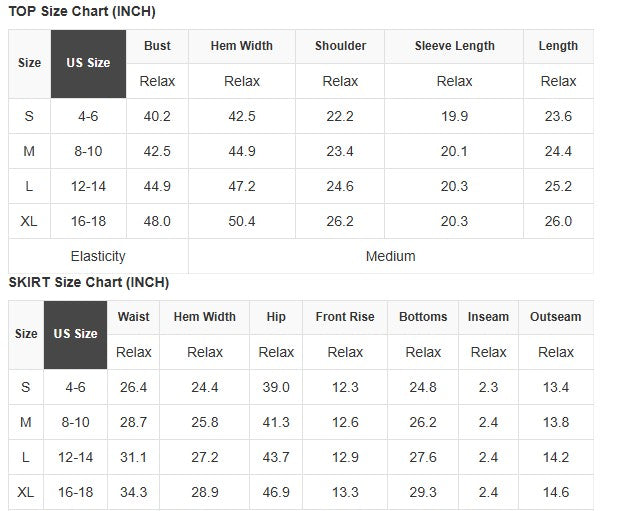 Size chart for ALL SPRUCED UP SKORT SET showing measurements for tops and skirts in inches.