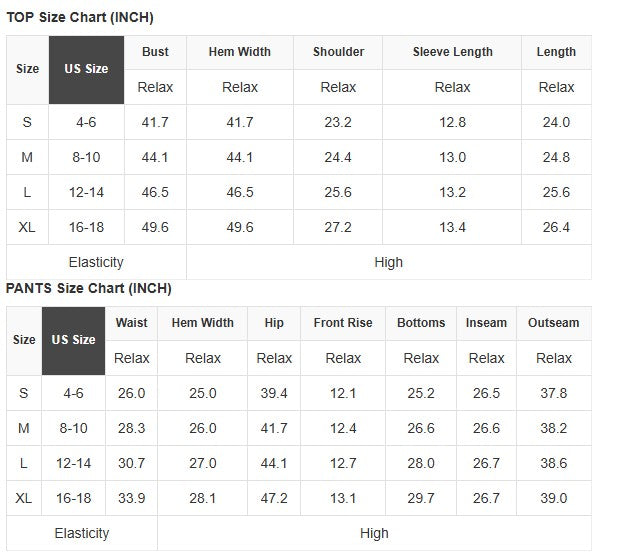 CRANBERRY COZY PANTS SET size chart detailing top and pants measurements for various sizes.