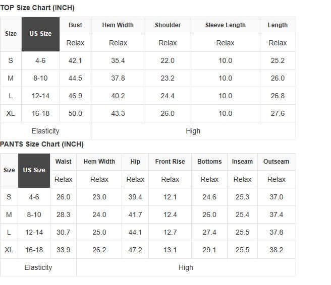 Size chart for GROUNDED GRACE 2 pc Lounge Set showing top and pants measurements in inches.