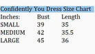 Confidently You Dress - Gigio size chart detailing bust and length measurements for small, medium, and large sizes.