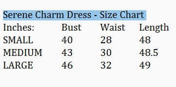 Size chart for SERENE CHARM DRESS - Gigio, including bust, waist, and length measurements for small, medium, and large sizes.