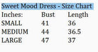 Size chart for SWEET MOOD DRESS - Gigio showing bust and length measurements in inches for small, medium, and large.
