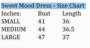 Size chart for SWEET MOOD DRESS - Gigio showing bust and length measurements in inches for small, medium, and large.