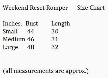 Size chart for WEEKEND RESET ROMPER - Umgee detailing bust and length measurements for Small, Medium, and Large sizes.