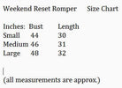 Size chart for WEEKEND RESET ROMPER - Umgee, displaying bust and length measurements for small, medium, and large sizes.