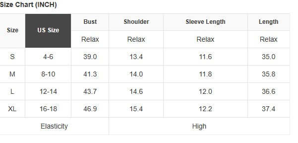 Size chart for BOLD MOVES DRESS showing US sizes, bust, shoulder, sleeve length, and overall length measurements.