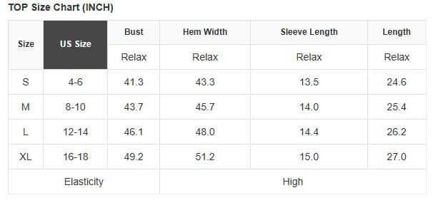 TOP Size Chart (INCH) for UNSTOPPABLE YOU TOP (aqua) displaying sizes S to XL with bust, hem width, sleeve length, and length details.