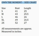 OWN THE MOMENT TOP (Sage) size chart showing measurements for different sizes including bust and length.
