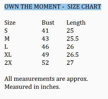 OWN THE MOMENT TOP (Sage) size chart showing measurements for different sizes including bust and length.