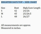 BRIGHTER DAYS TOP - Umgee size chart measuring bust and length for sizes S, M, and L.