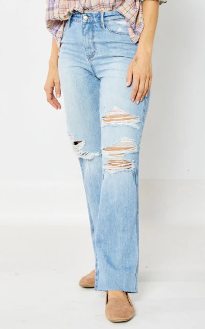 Raine jeans by Judy Blue, featuring a trendy distressed look and straight-leg fit in light wash denim.