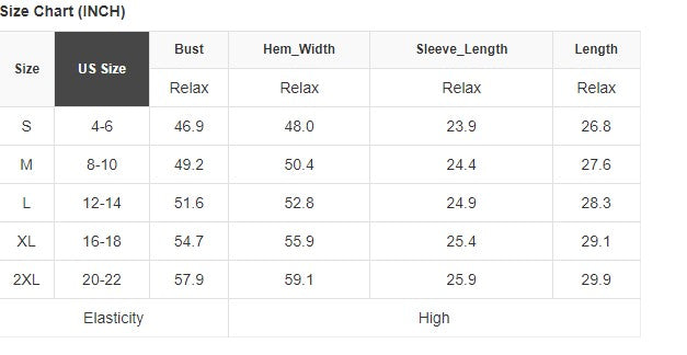 Size chart for Finally Made It Top with measurements for bust, hem width, sleeve length, and length in inches, sizes S to 2XL.