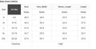 Size chart showing measurements in inches for women's tops, including bust, hem width, sleeve length, and overall length.