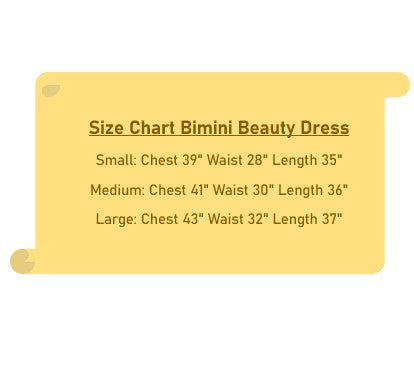 Size chart for Bimini Beauty Dress with measurements for small, medium, and large sizes.