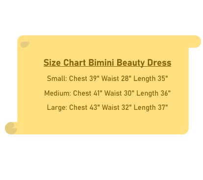 Size chart for Bimini Beauty Dress showing small, medium, and large measurements for chest, waist, and length.