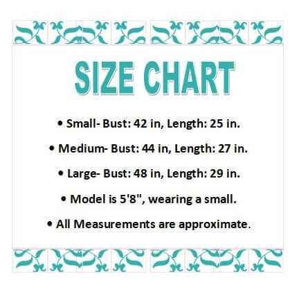 Size chart for Burgundy Bliss Top with small, medium, large measurements and model height for reference.