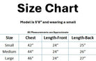 Size chart for UMGEE Free and Easy Top showing measurements for small, medium, and large sizes in chest, front, and back lengths.