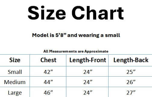 Size chart for UMGEE Free and Easy Top showing measurements for small, medium, and large sizes in chest, front, and back lengths.