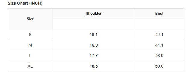 Size chart for PAINTED DESERT Jacket with shoulder and bust measurements for sizes S to XL in inches.