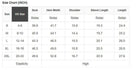 Size chart for women's Alpine Mist top displaying US sizes, bust measurements, and sleeve lengths in inches.