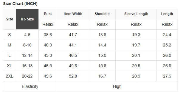 Size chart for women's Alpine Mist top displaying US sizes, bust measurements, and sleeve lengths in inches.