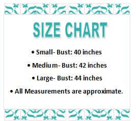 Size chart displaying bust measurements for small, medium, and large Blushing Beauty dress sizes.