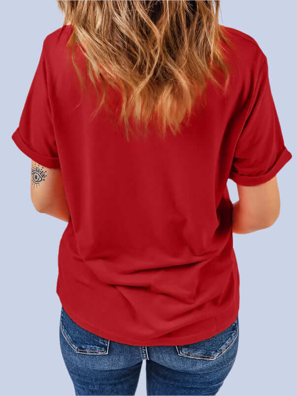 Back view of a red Love Letters Tee, showcasing short sleeves and relaxed fit, perfect for summer wear.