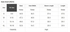 Size chart for women's tops showing measurements in inches for S, M, L, and XL sizes.