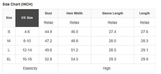 Size chart for women's tops showing measurements in inches for S, M, L, and XL sizes.