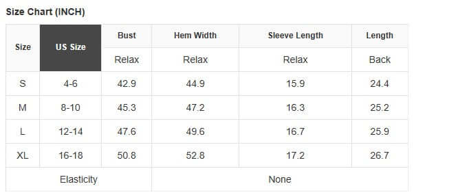 Size chart for women's blouse showing measurements for sizes S to XL in inches.