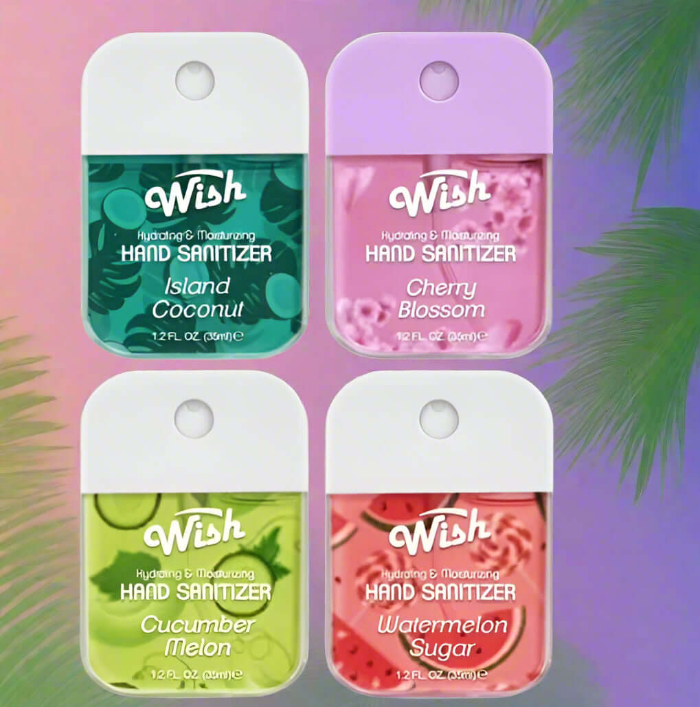 WISH Hand Sanitizer in four scents: Island Coconut, Cherry Blossom, Cucumber Melon, and Watermelon Sugar.