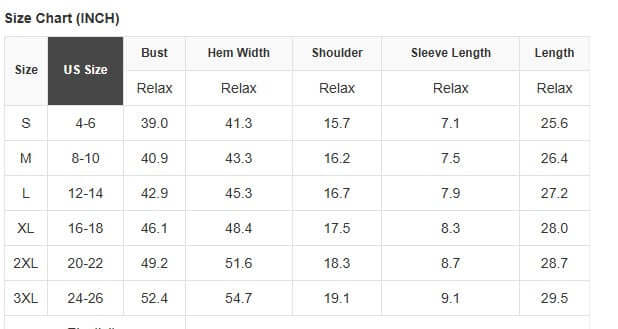 Size chart for Land That I Love Tee with measurements for S to 3XL in inches.