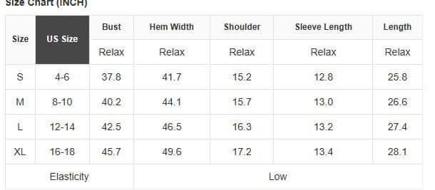 Size chart for Frill Seeker Top showing measurements for S, M, L, and XL in inches.