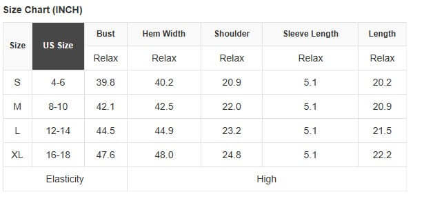 Size chart for Ribbon Theory Top showing measurements for S, M, L, and XL in inches.