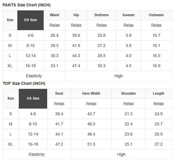 Size chart for Misty Harbor 2-piece shorts set, detailing measurements for pants and tops in inches.