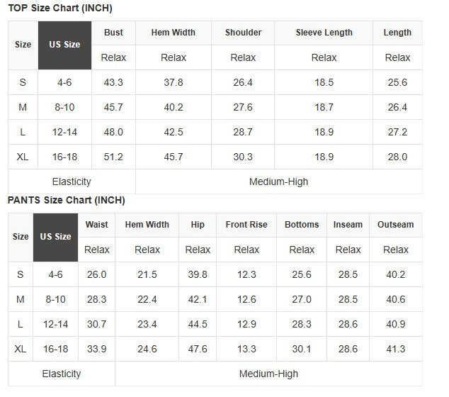 SWEET SOFTNESS 2 PIECE SET size chart displaying measurements for tops and pants in inches.