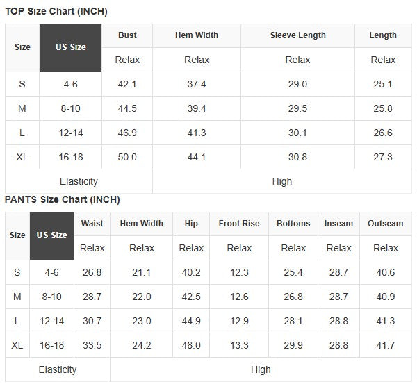 Size chart for TAFFY TEMPO 2 pc PANTS SET including dimensions for tops and pants in inches.
