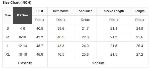 Size chart for SWEETIE PIE RIBBED TOP showing US size, bust, hem width, shoulder, sleeve length, and length.
