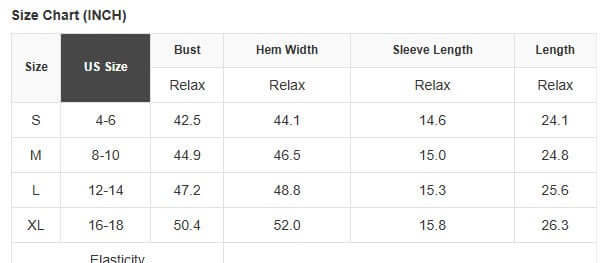 Size chart for CLASSIC CURRENT TOP showing measurement details for S, M, L, and XL sizes.