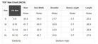 WILD GRACE 2 PC PANTS SET size chart with bust, hem width, shoulder, sleeve length, and length measurements.